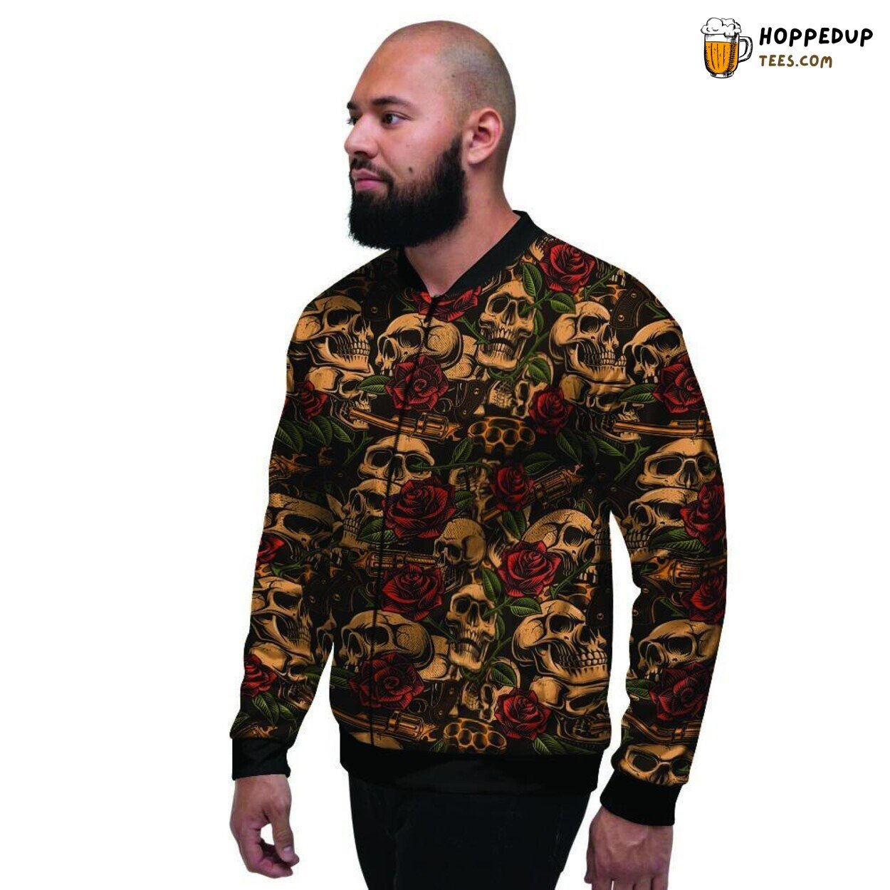 Artistic Gun Amidst Blooming Roses Skull Men’s Bomber Jacket Dark Elegance