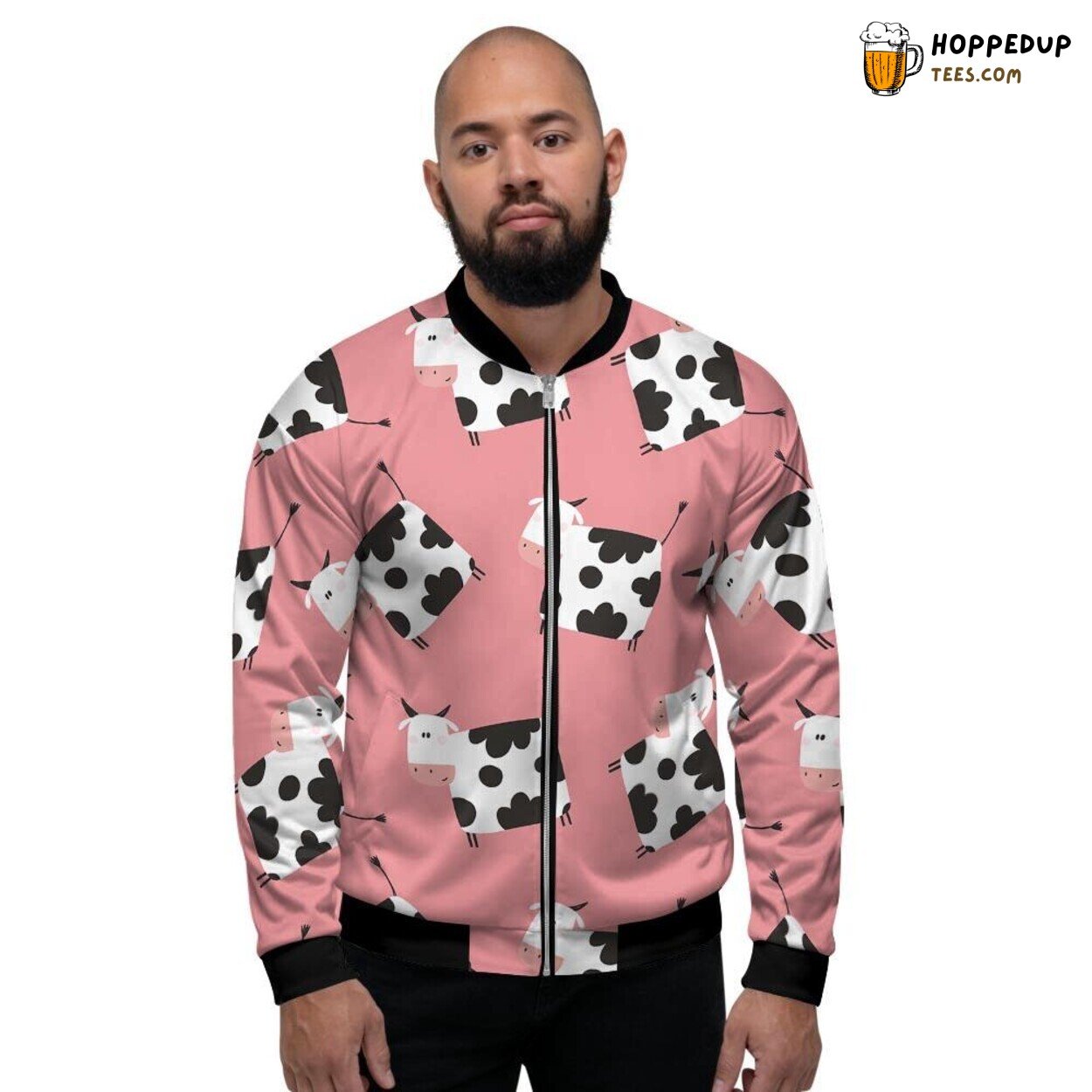 Artistic Pink Cow Pattern Men’s Bomber Jacket Animal Print Design Showcase