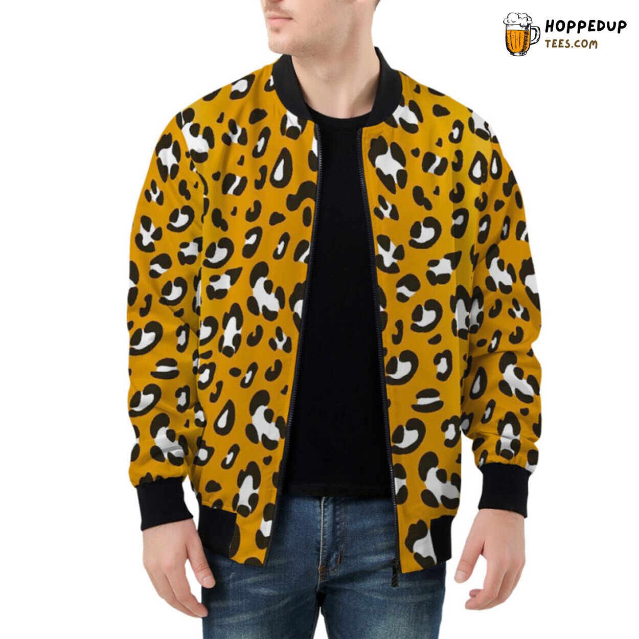 Artistic Rendition of Leopard Pattern Enhancing Bomber Jacket Elegance