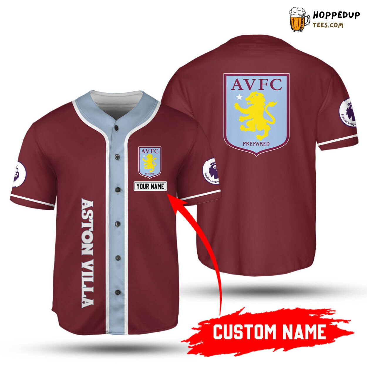 Aston Villa FC Custom Name Claret Blue Baseball Jersey Unisex Shirt