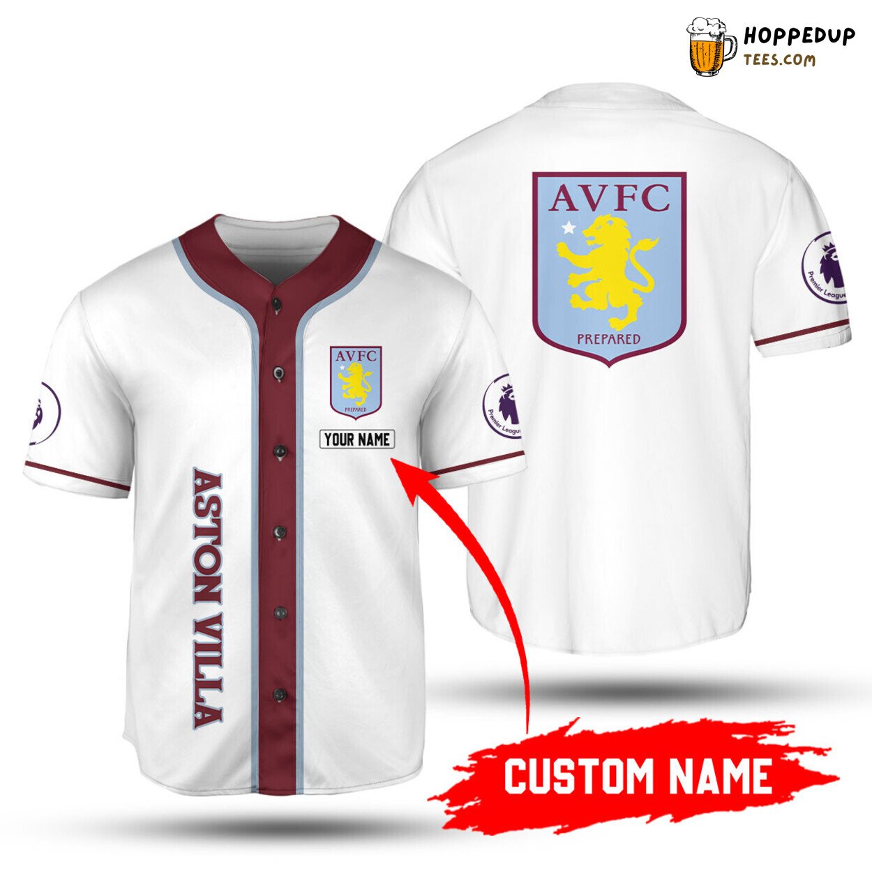 Aston Villa FC Custom Name White Claret Baseball Jersey Unisex Shirt