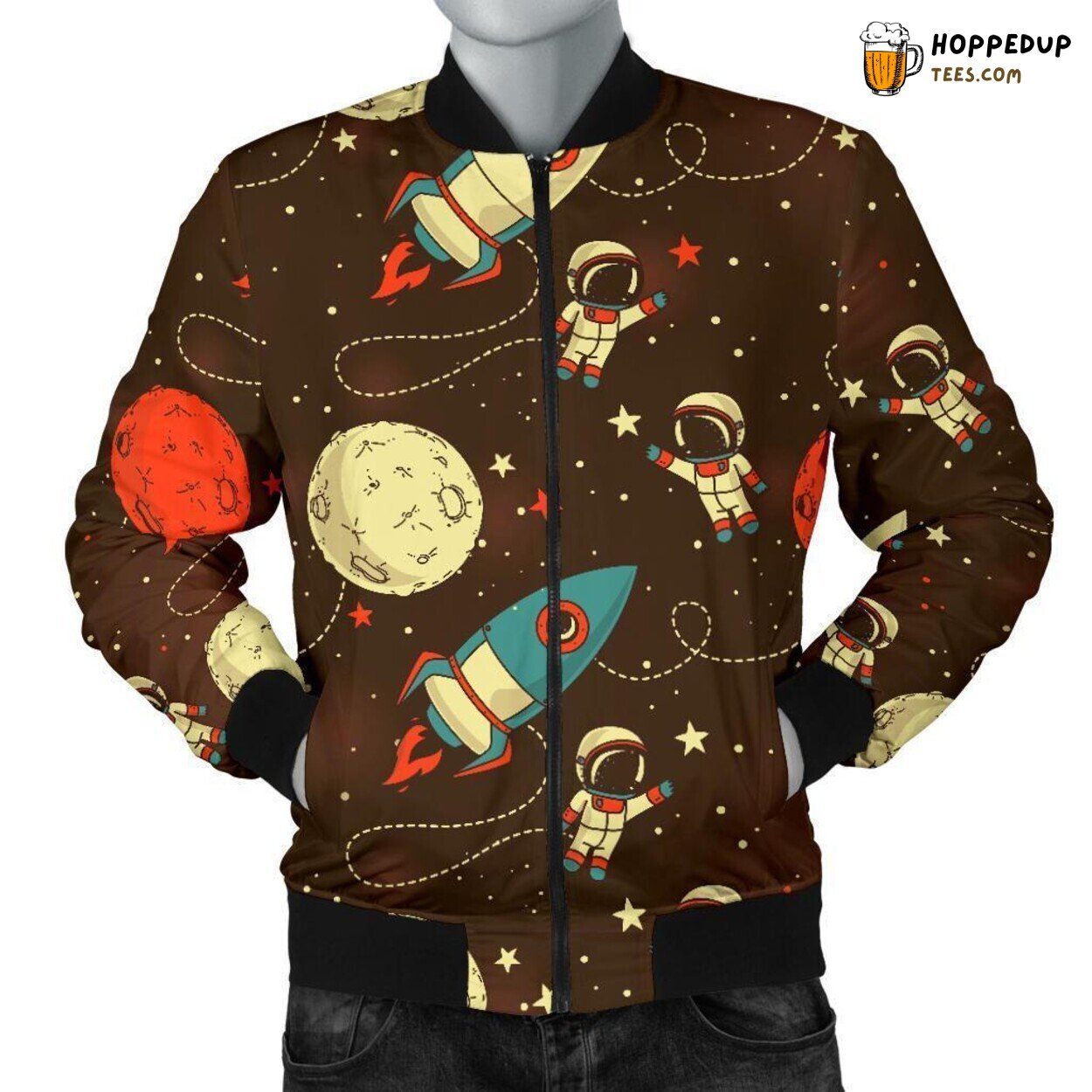 Astronaut Space Themed Pattern Print Men’s Stylish Bomber Jacket