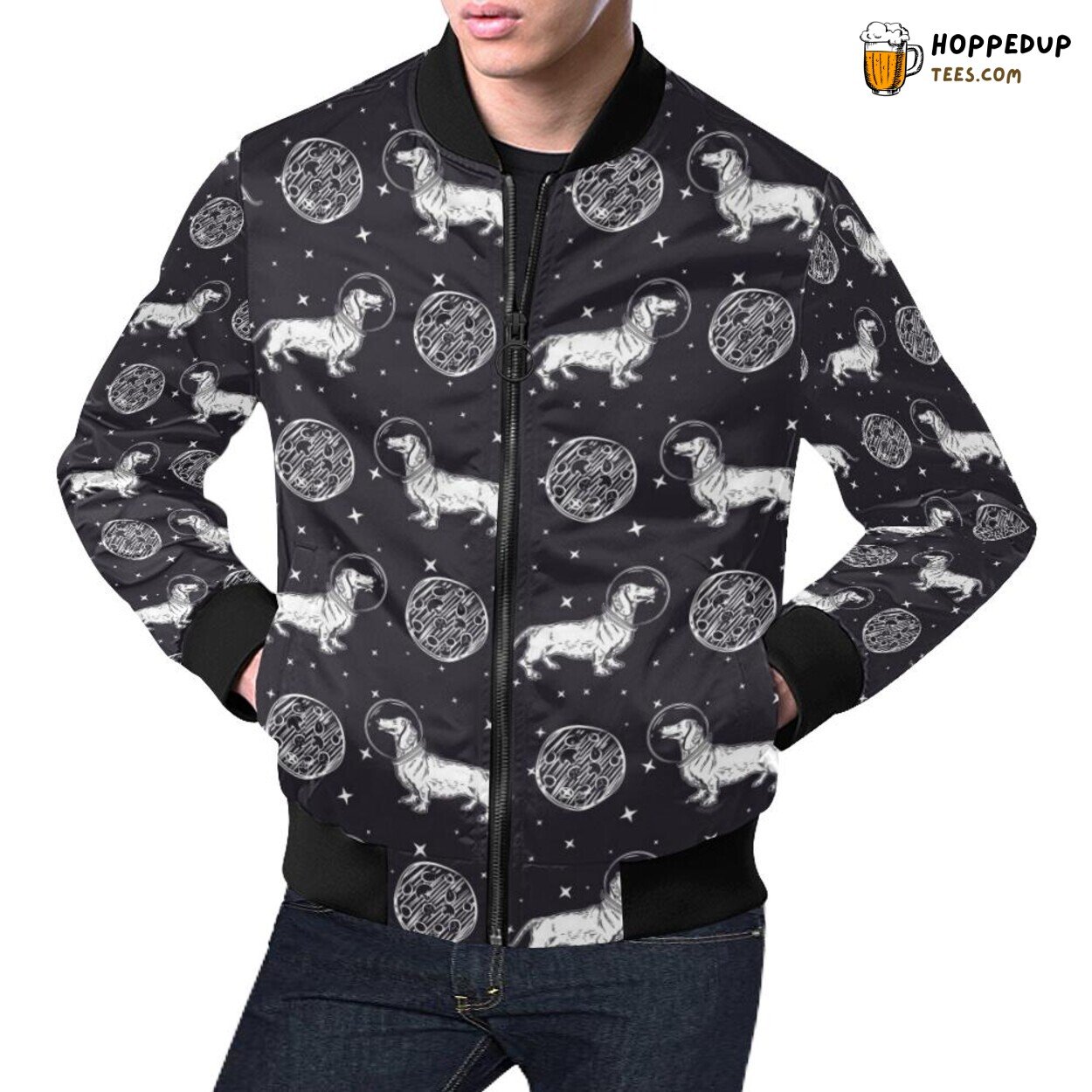 Astronaut Wiener Dog Dachshund Pattern Men’s Bomber Jacket Distinctive Astronaut Wiener Dog Dachshund Pattern Men’s Bomber Jacket Distinctive