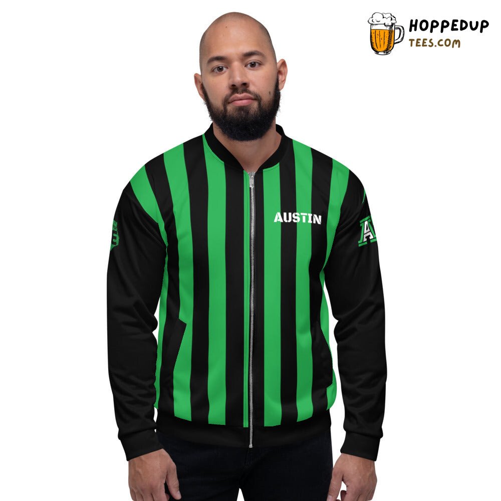 Austin FC MLS Black Green Authentic Supporter Bomber Jacket Austin FC MLS Black Green Authentic Supporter Bomber Jacket