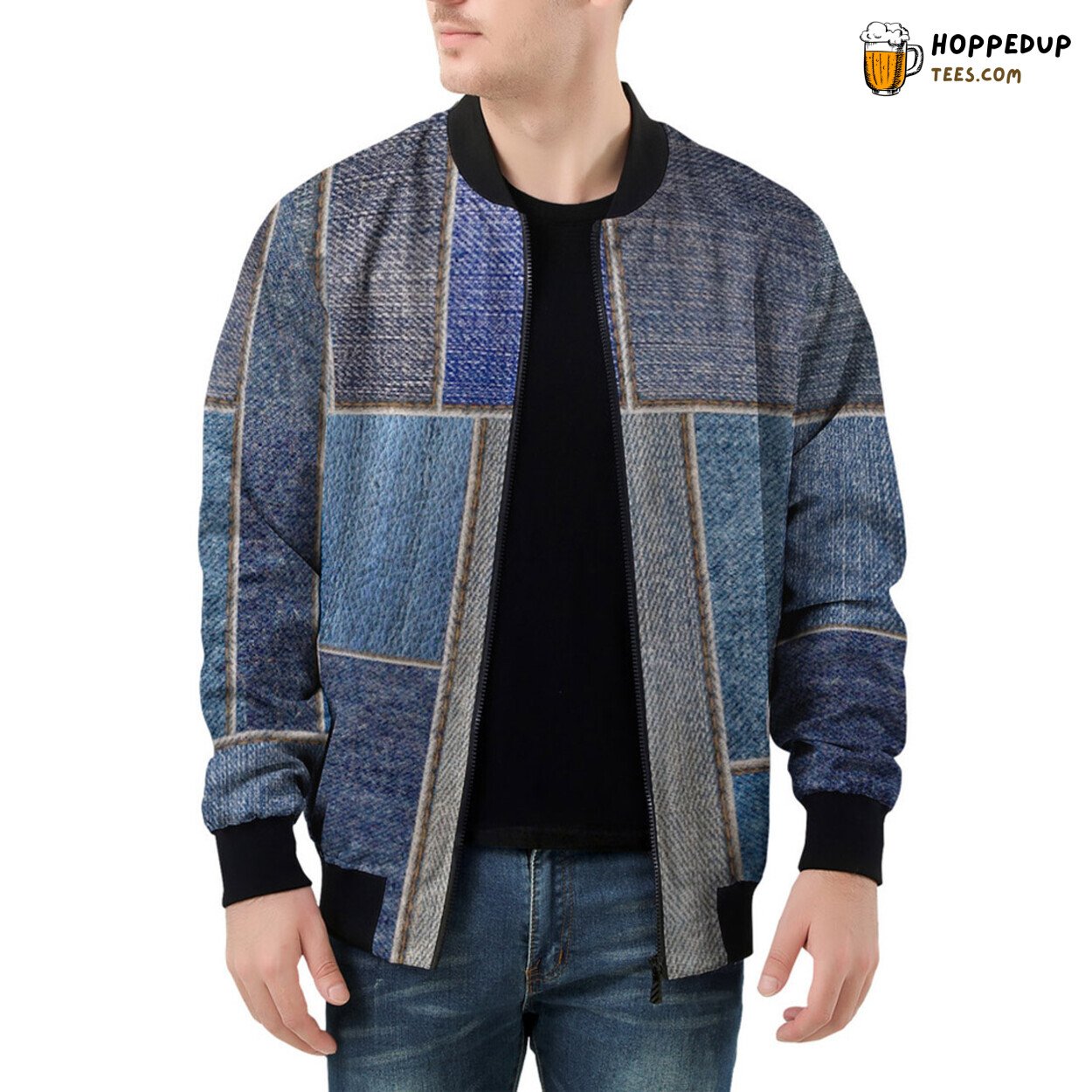 Authentic Denim Patchwork Craftsmanship on a Men’s Bomber Jacket