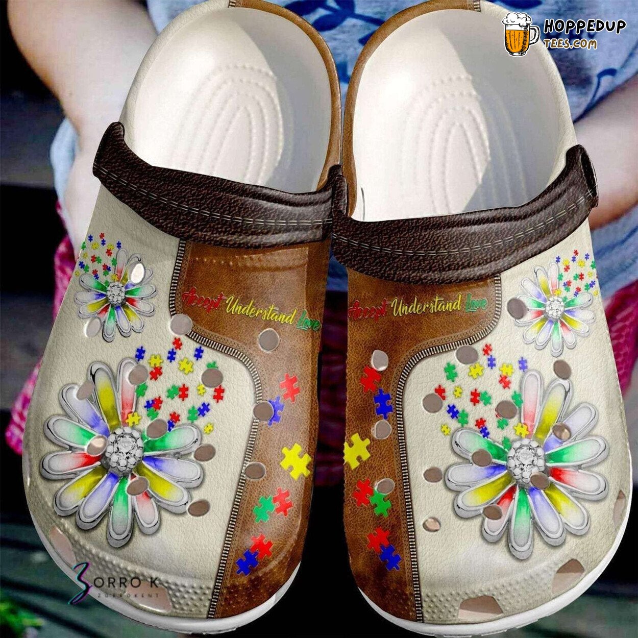 Autism Awareness Daisy Flower Puzzle Pieces Love Accept Clogs