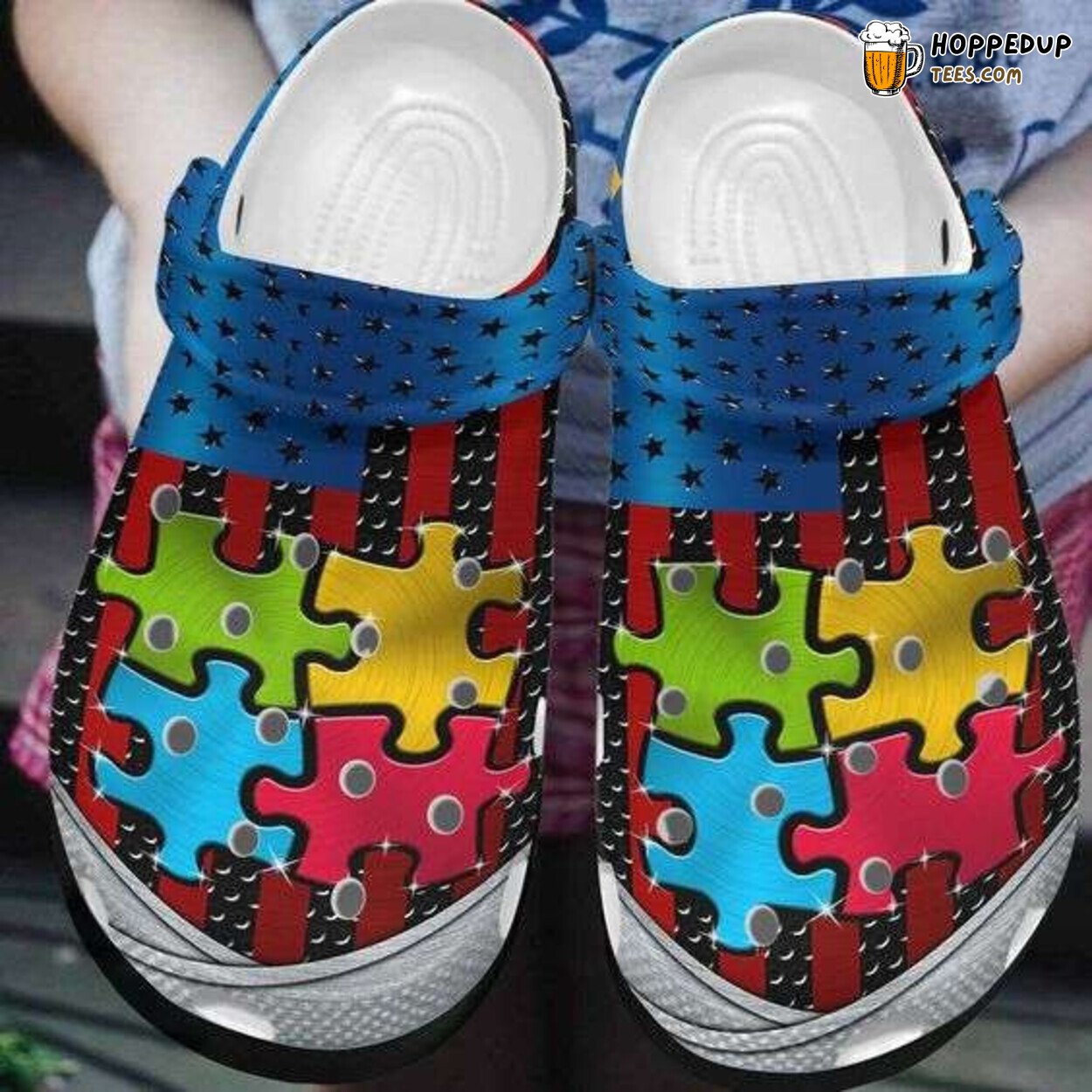 Autism Awareness Day Puzzle USA Flag Iron Style Clog Shoes