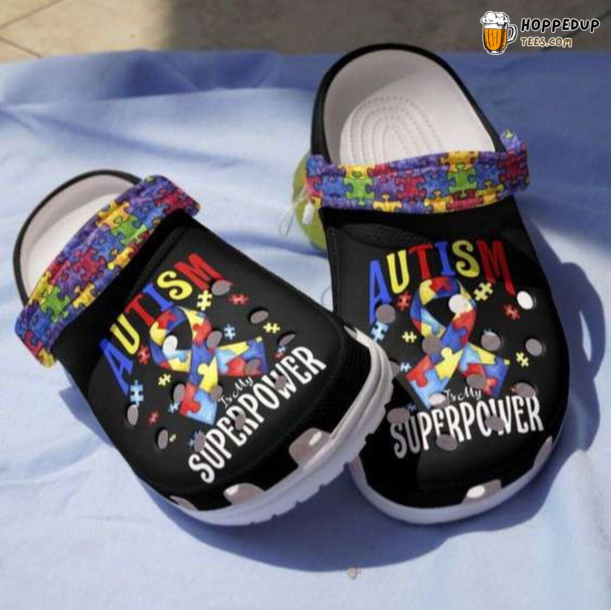 Autism Awareness My Superpower Ribbon Puzzle Pieces Theme Clog Shoes