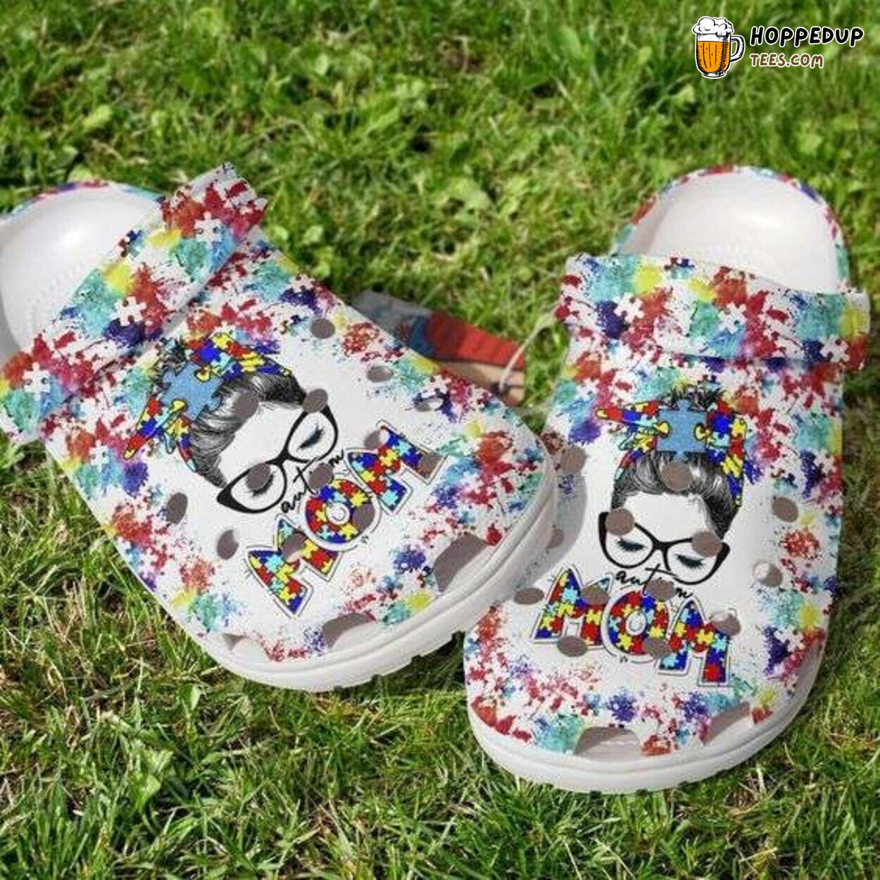 Autism Mom Messy Bun Puzzle Paint Color Awareness Day Clogs