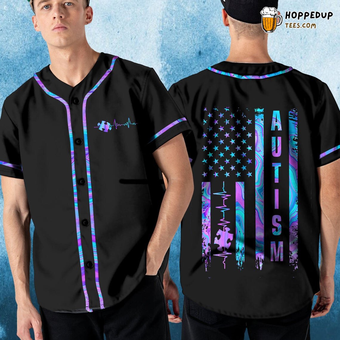 Autism Puzzle Hologram American Flag Baseball Tee Jersey Shirt Printed 3D