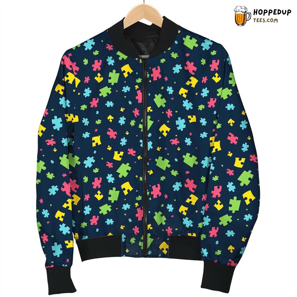 Autism Puzzle Pieces On Black Bomber Jacket