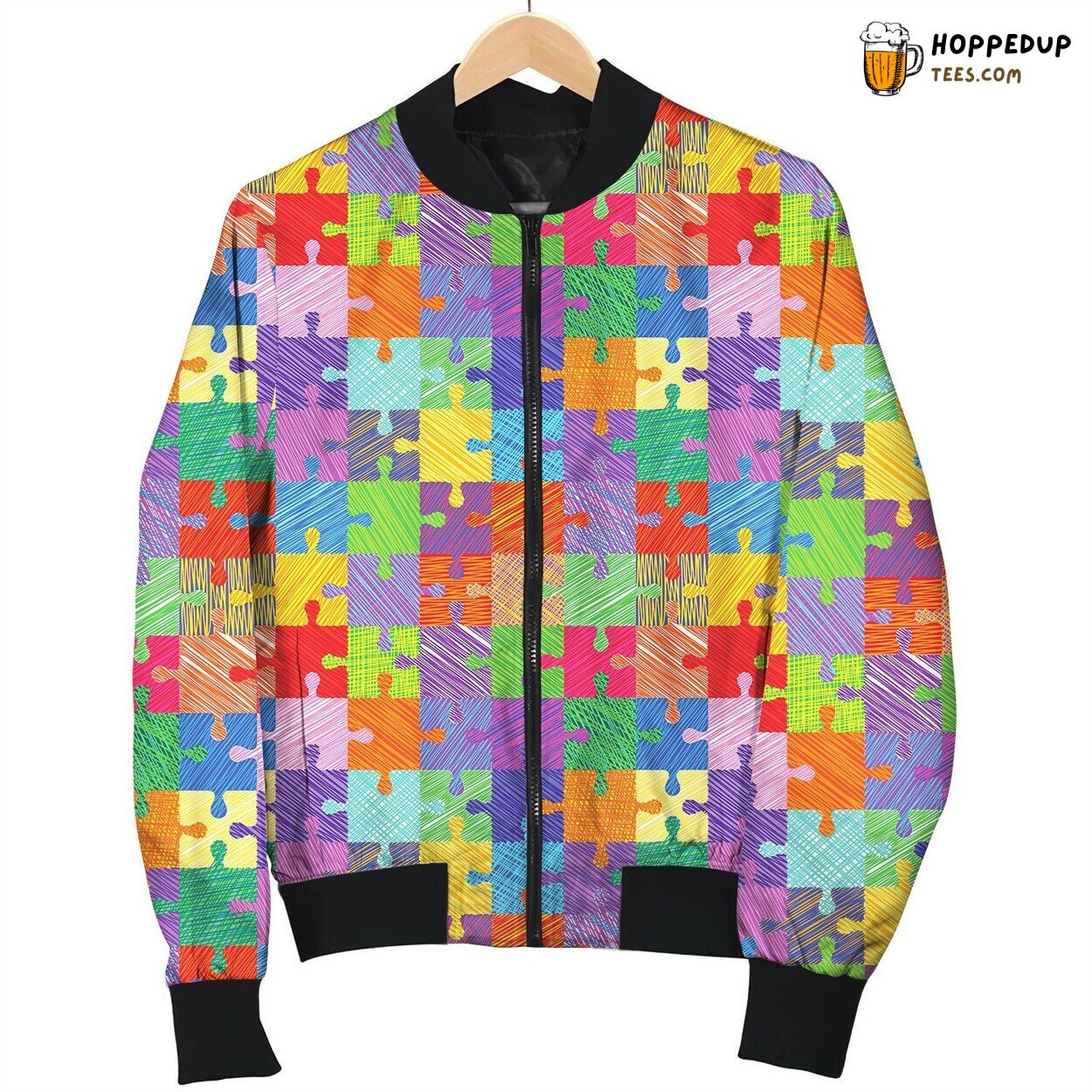 Autism Stained Glass Colors Puzzle Pieces Bomber Jacket