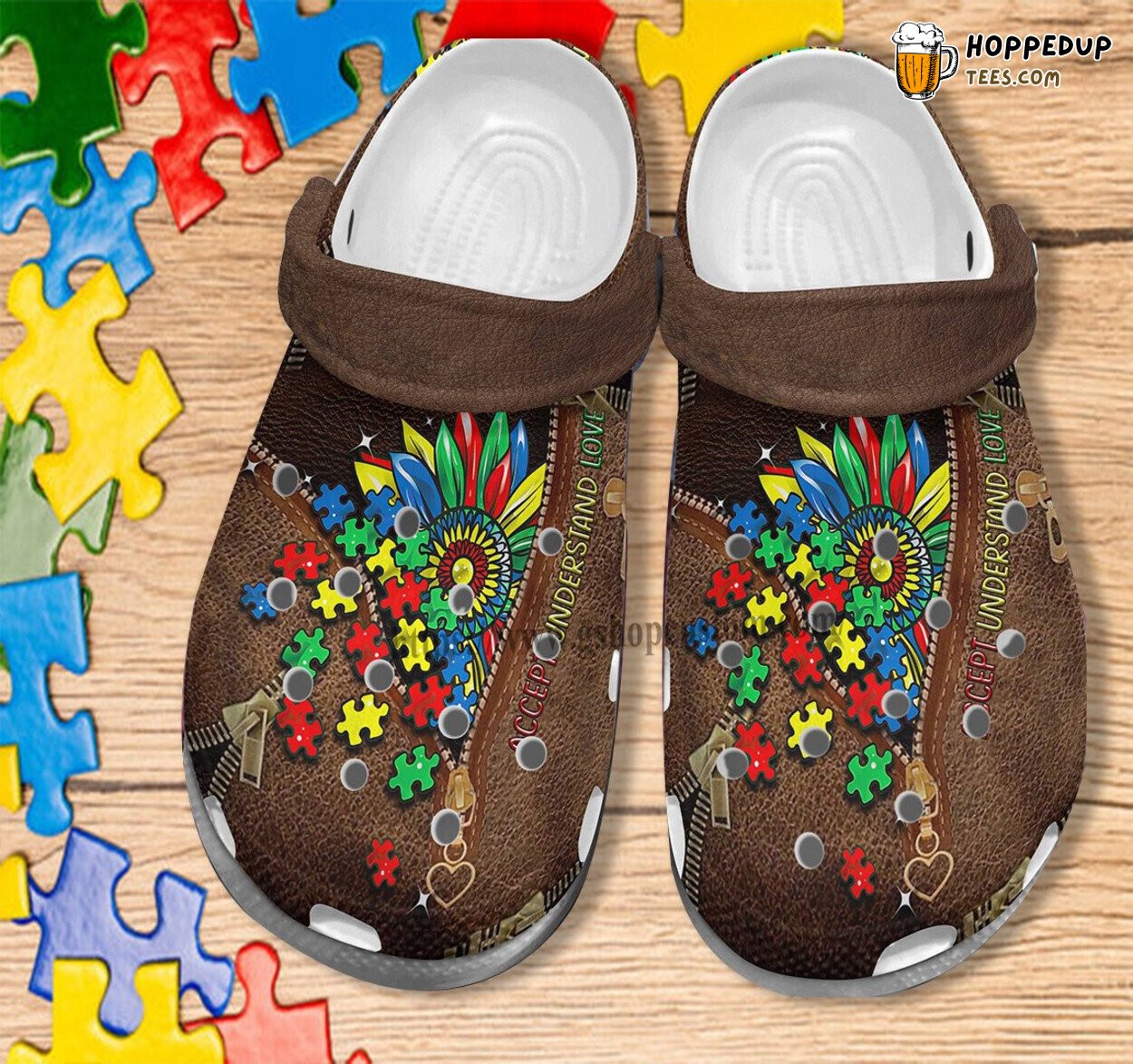 Autism Sunflower Leather Accept Understand Love Themed Clogs Shoes