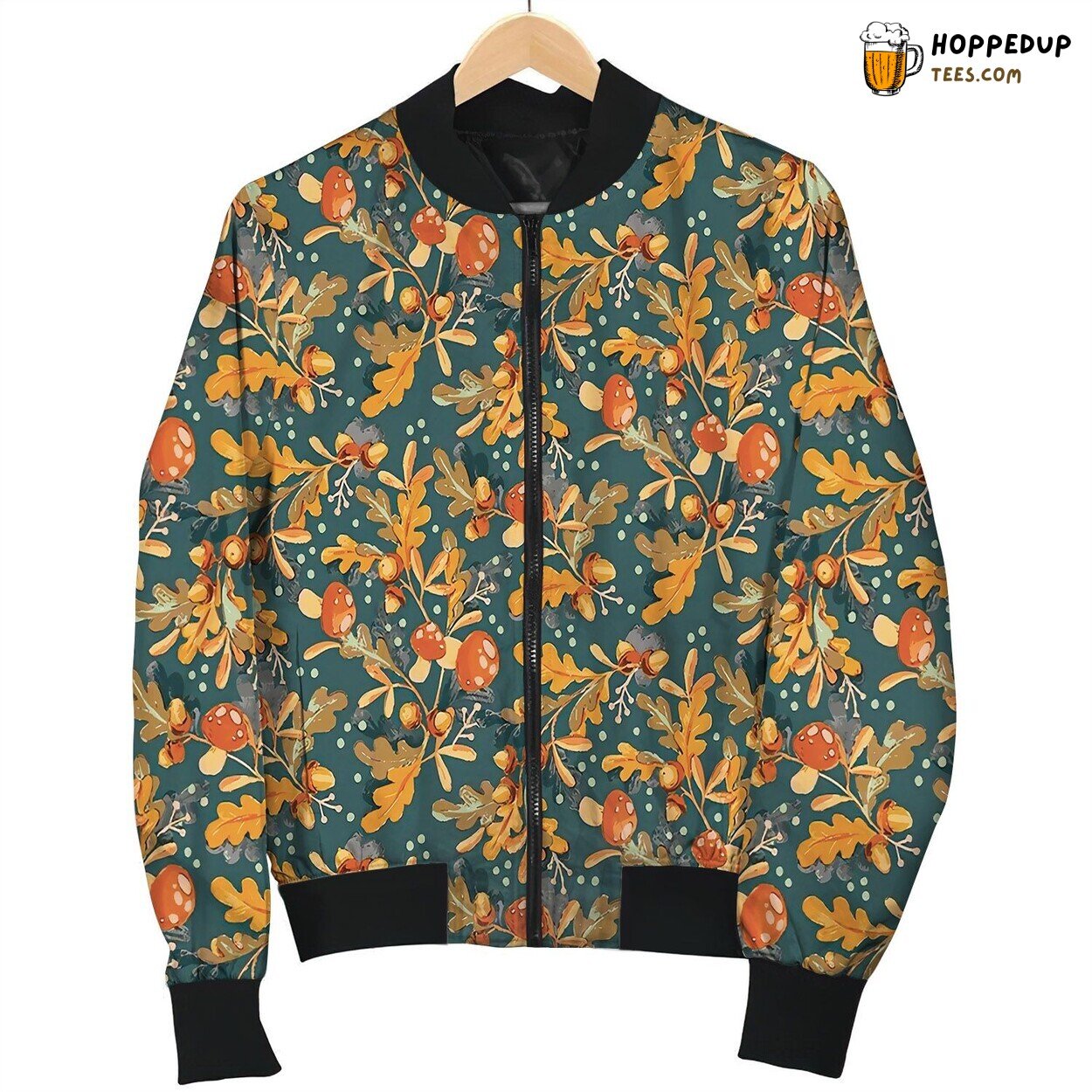 Autumn Acorns And Toadstools Burnt Orange And Blue Bomber Jacket