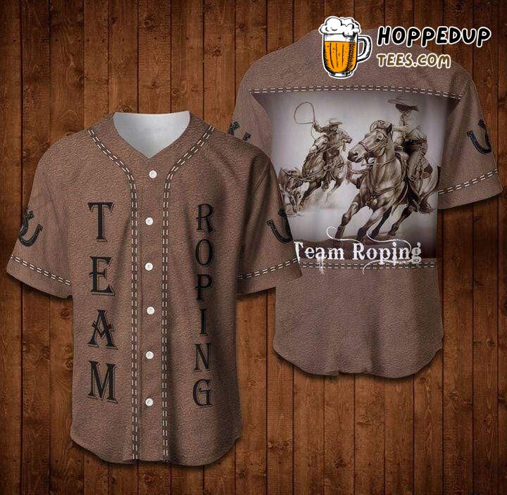 Awesome Team Roping Brown Leather Pattern Baseball Tee Jersey Shirts 3D