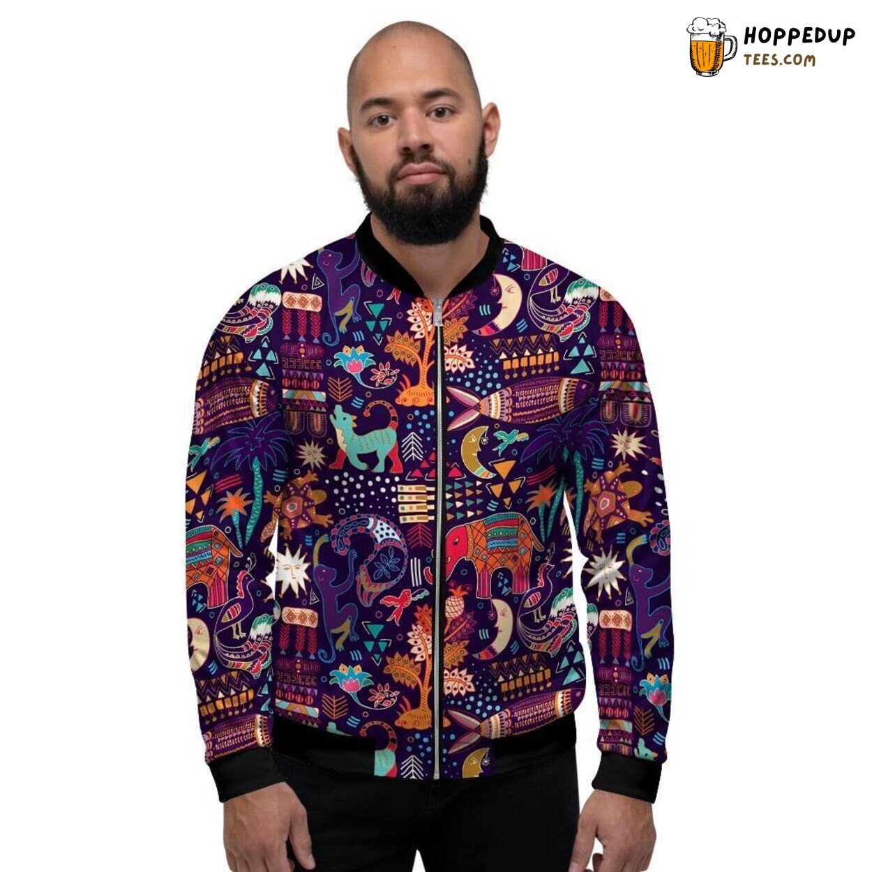 Aztec Patterns Infused in Hippie Art Men’s Bomber Jacket Tribal Retro Fusion