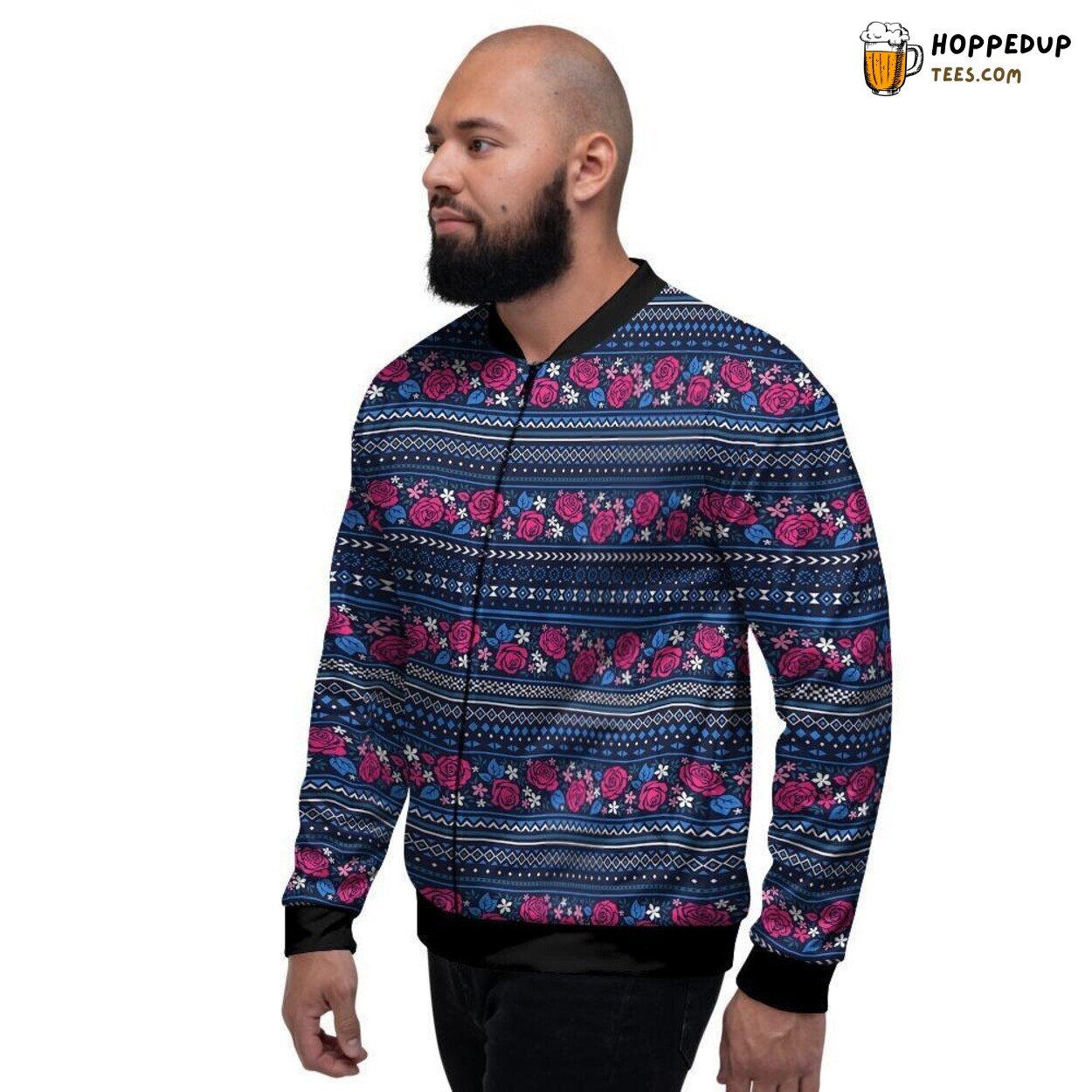 Aztec Tribal Pink Rose Design Men’s Bomber Jacket Ancient Art Modern Aesthetic