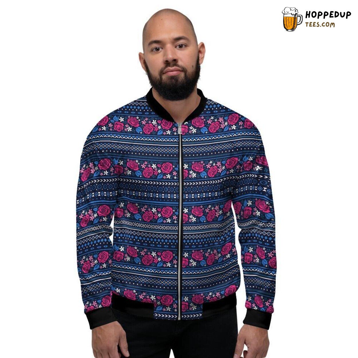 Aztec Tribal Pink Rose Design Men’s Bomber Jacket Ancient Art Modern Aesthetic