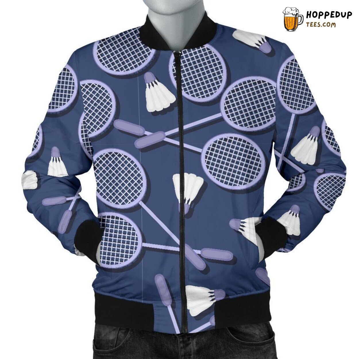 Badminton Pattern Print on a Men’s Stylish Bomber Jacket