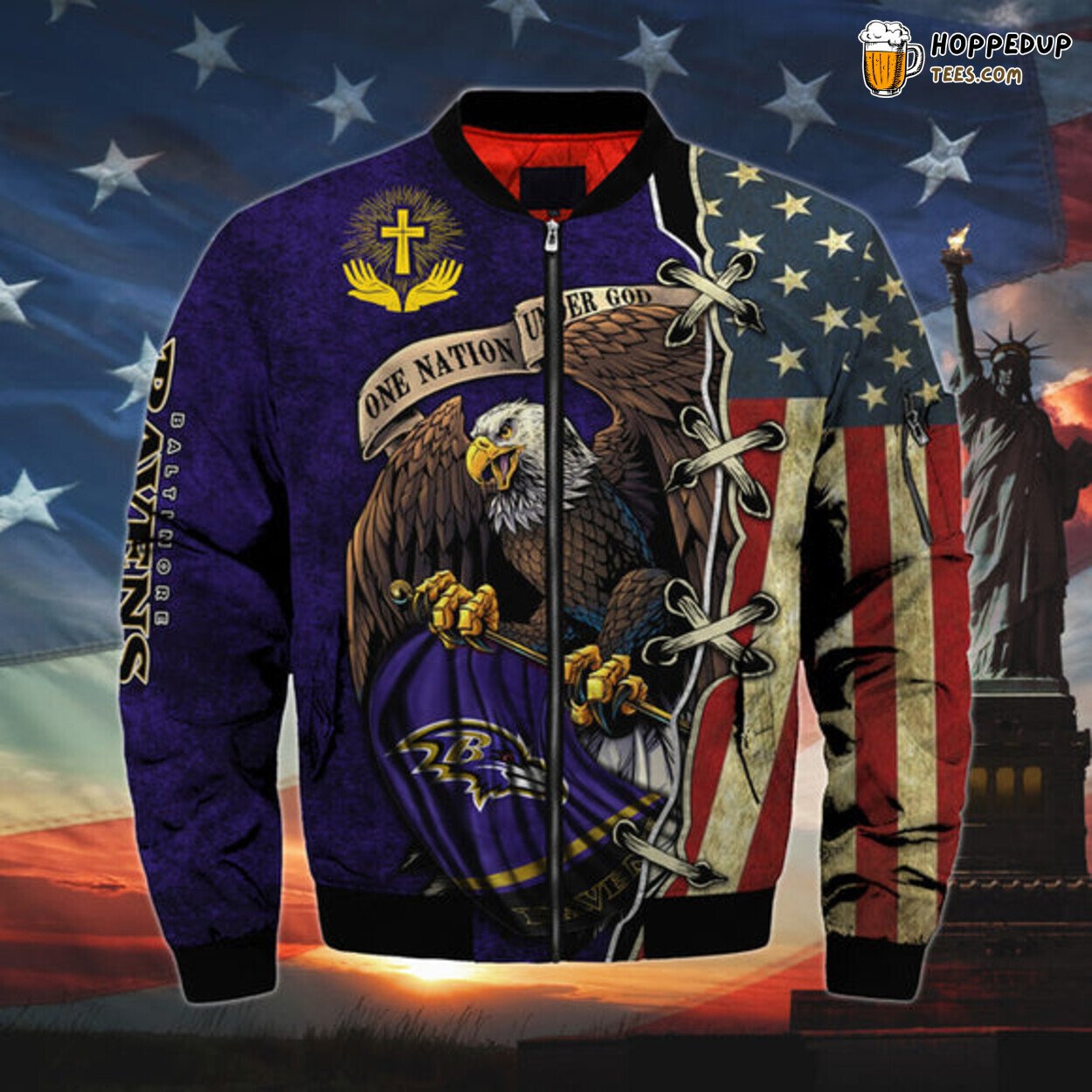Baltimore Ravens Men Bomber Jacket Classic One Nation Under God Design Edition