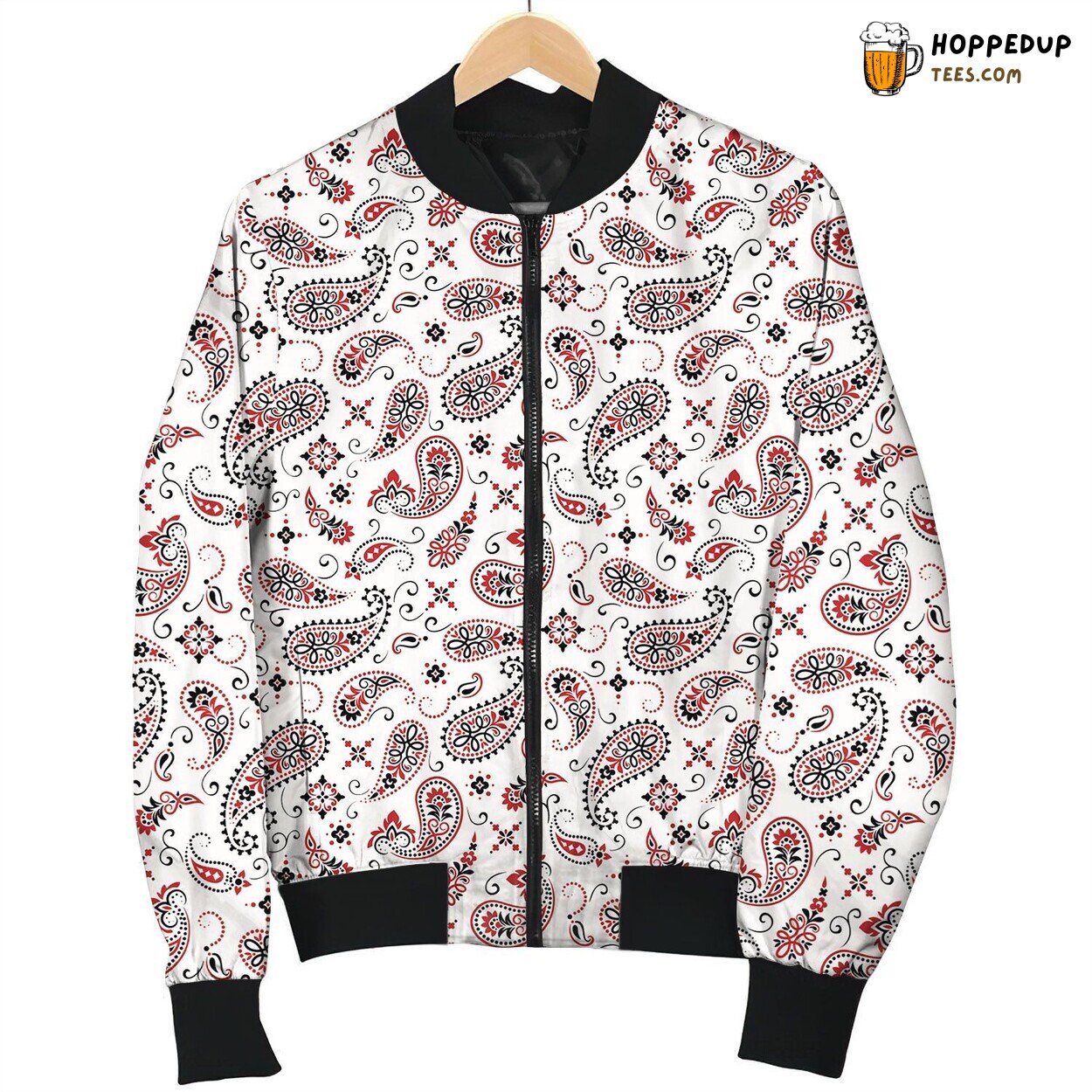 Bandana Paisley Red On White Bomber Jacket