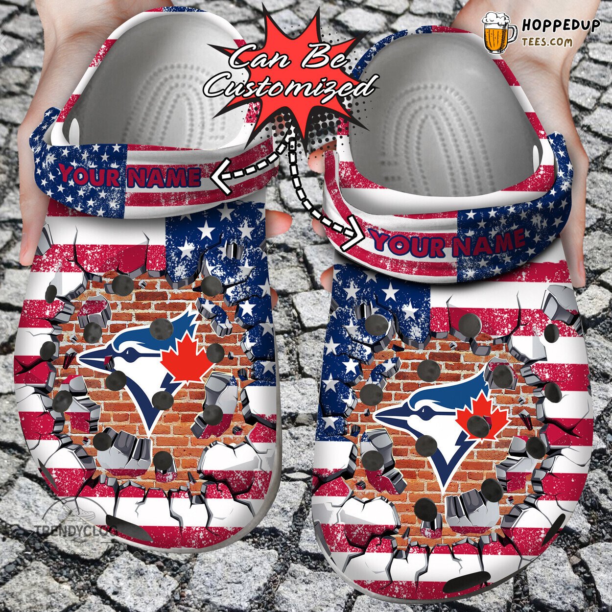 Baseball Personalized TBlue Jays American Flag Breaking Wall Clog Shoes