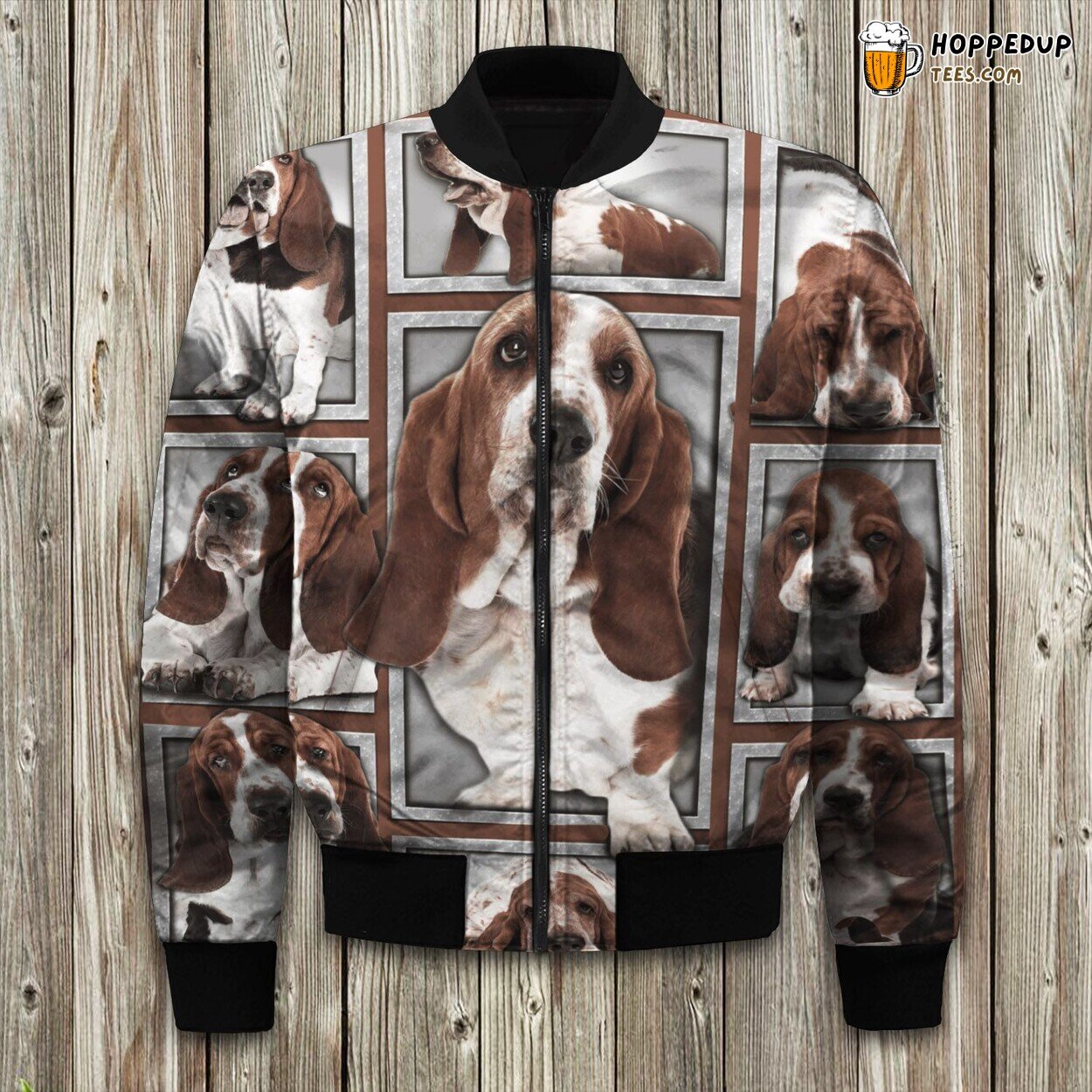 Basset Hound Posing Bomber Jacket Winter’s Canine Grace in Fabric Elegance