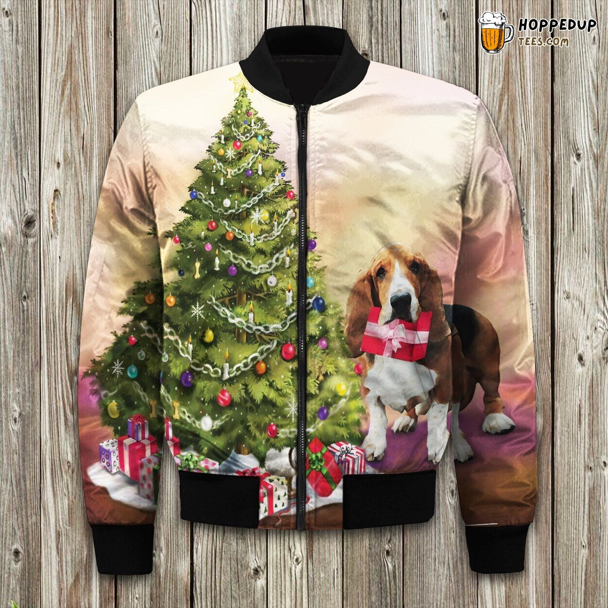 Basset Hound With Christmas Tree Bomber Jacket