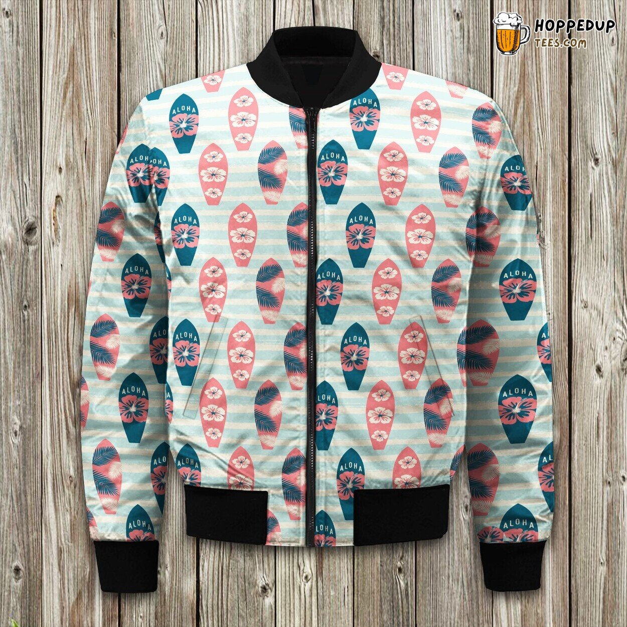 Beach Inspired Surfboard Print Winter Bomber Jacket Ocean Dream