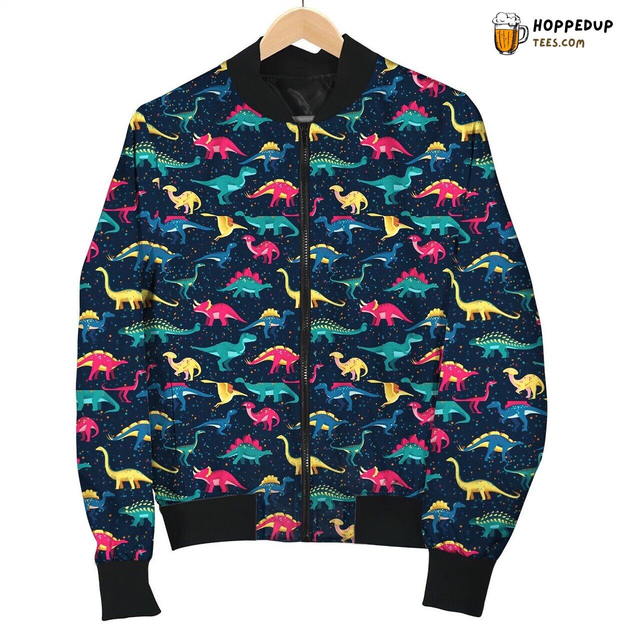 Beautiful Colorful Various Dinosaurs On Dark Background Bomber Jacket