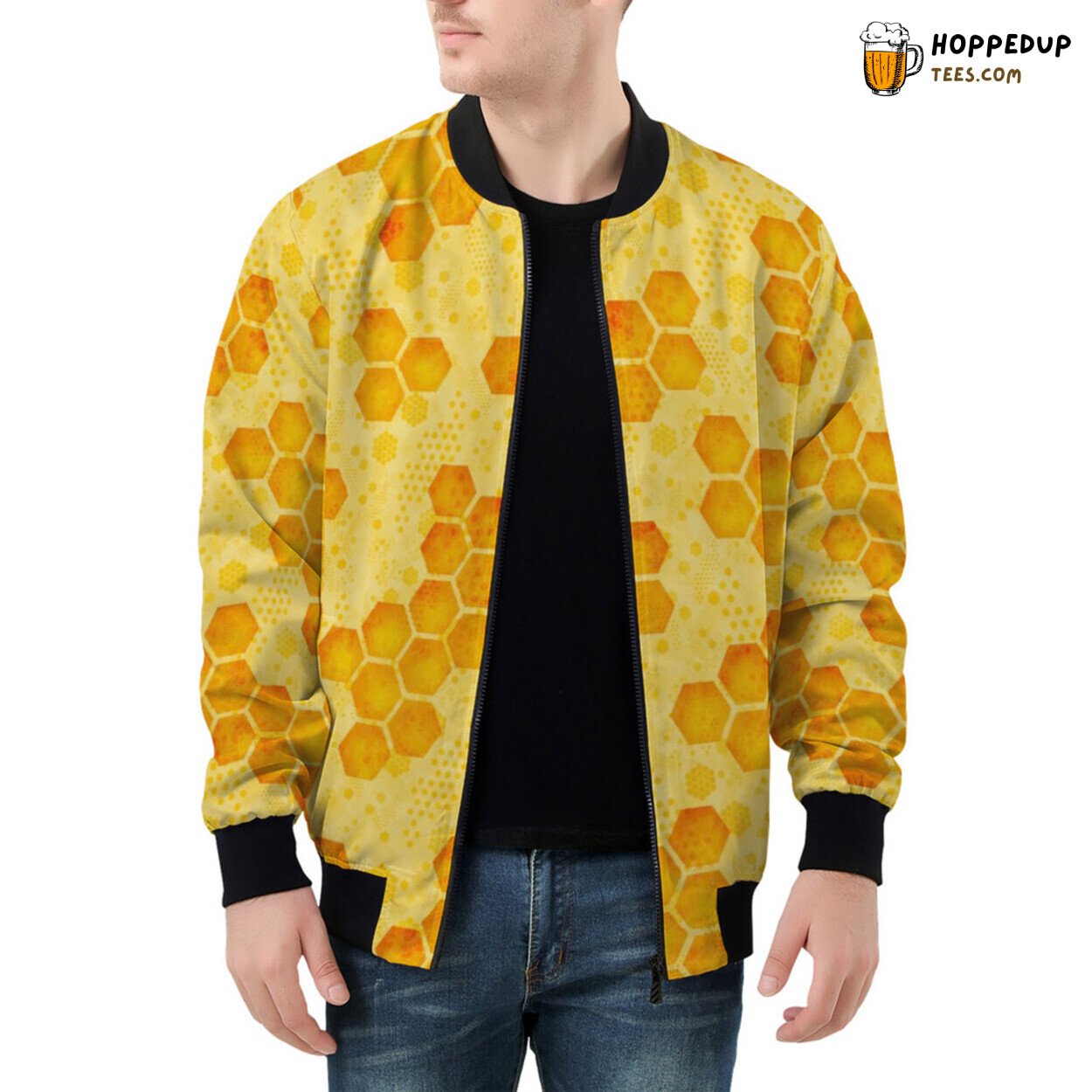 Bee Inspired Honeycomb Patterns on Men’s Bomber Jacket Fabric