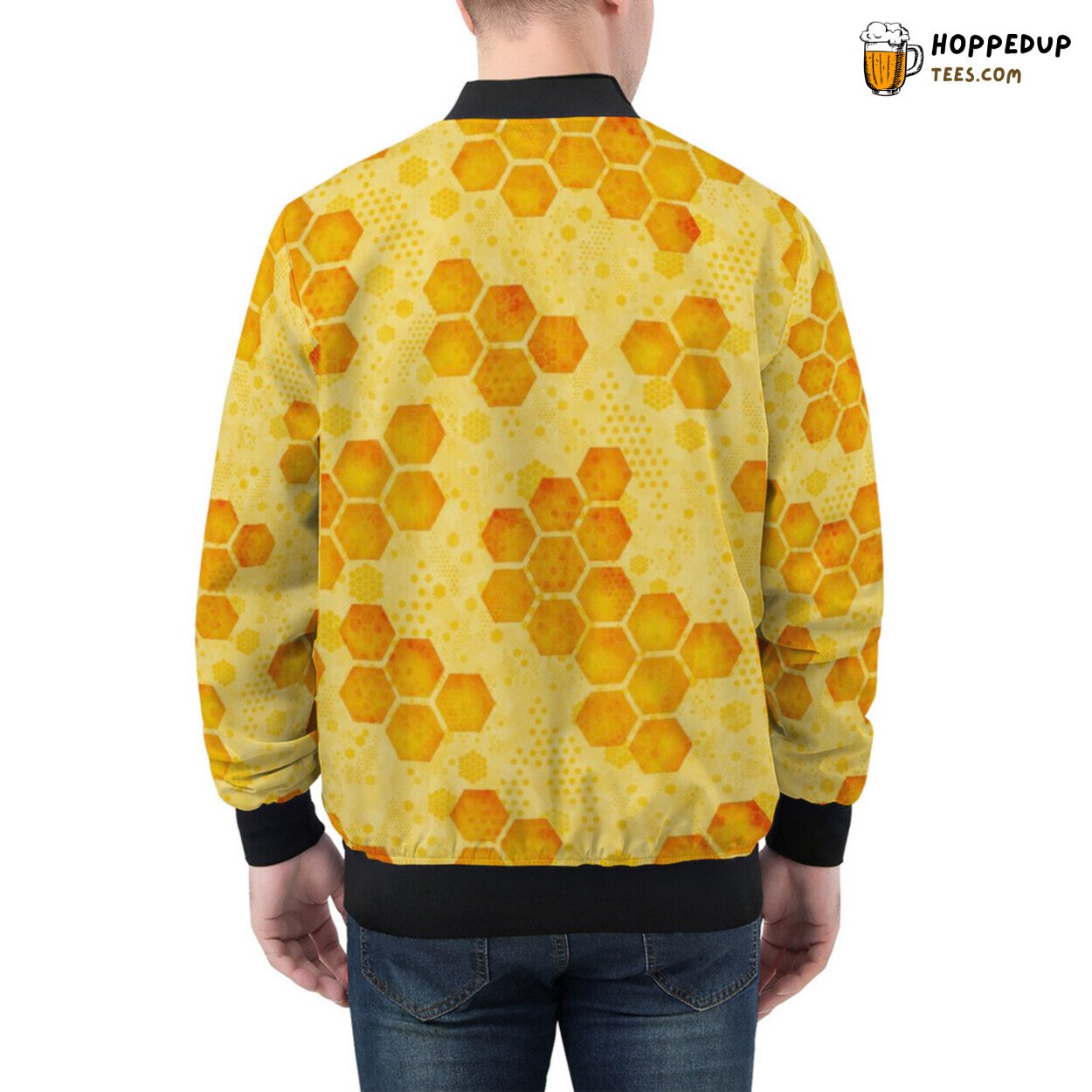 Bee Inspired Honeycomb Patterns on Men’s Bomber Jacket Fabric