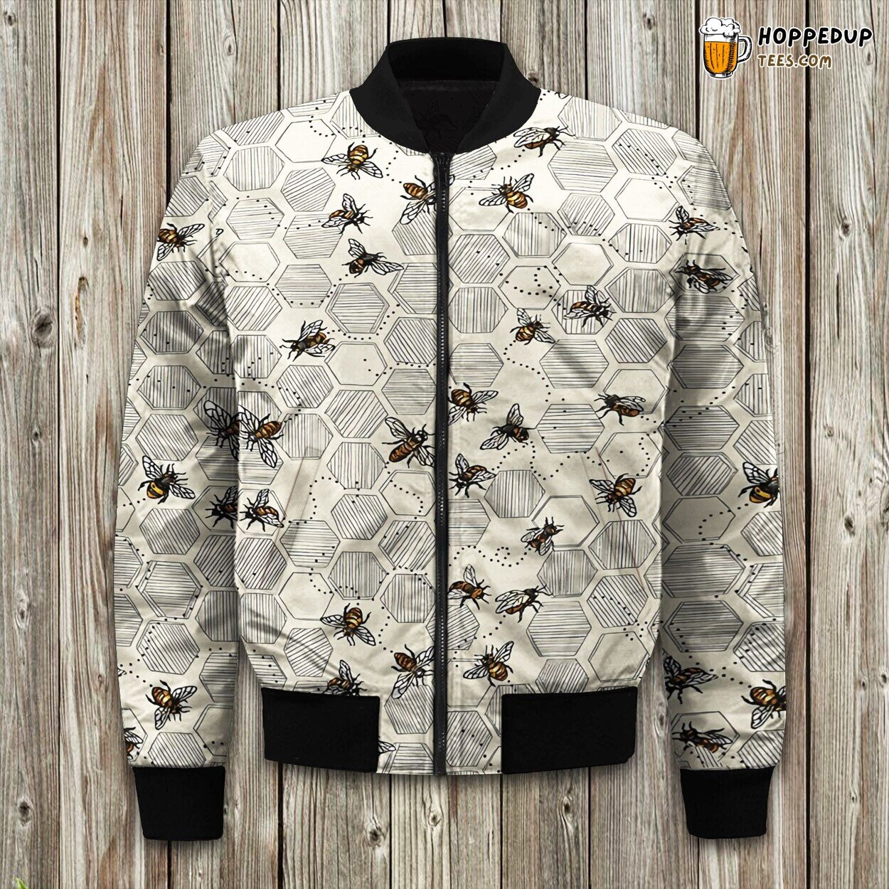 Bee Life Showcased Honeycomb Pattern Winter Bomber Jacket