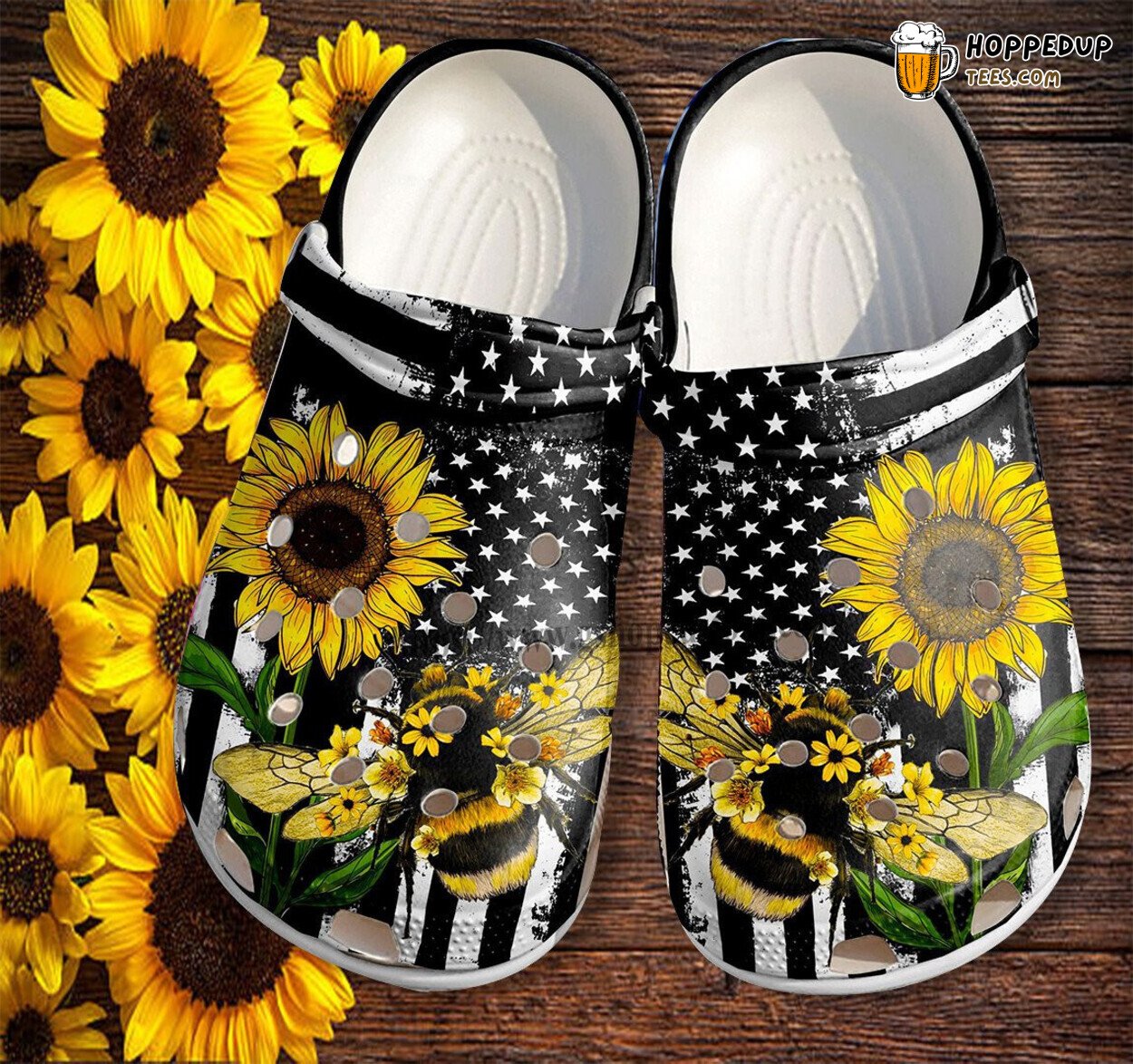 Bee Sunflower American Flag Themed Clogs Mother Day Patriotic Gift