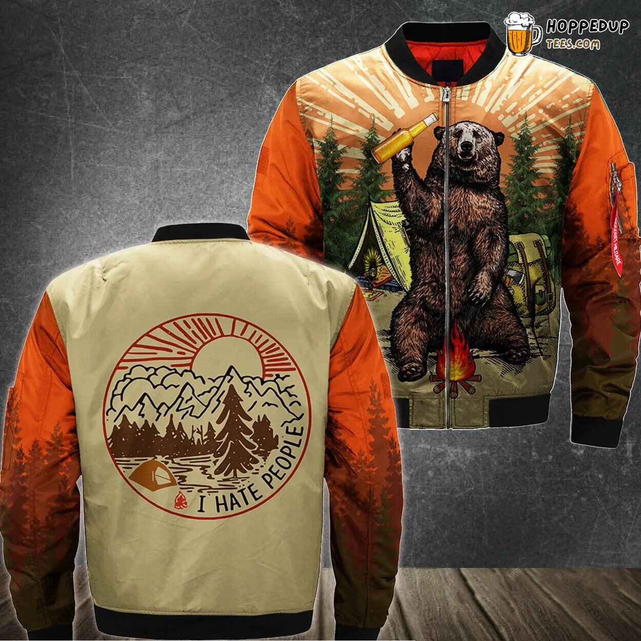 Beer and Camping Theme with I Hate People Slogan 3D Printed Bomber Jacket