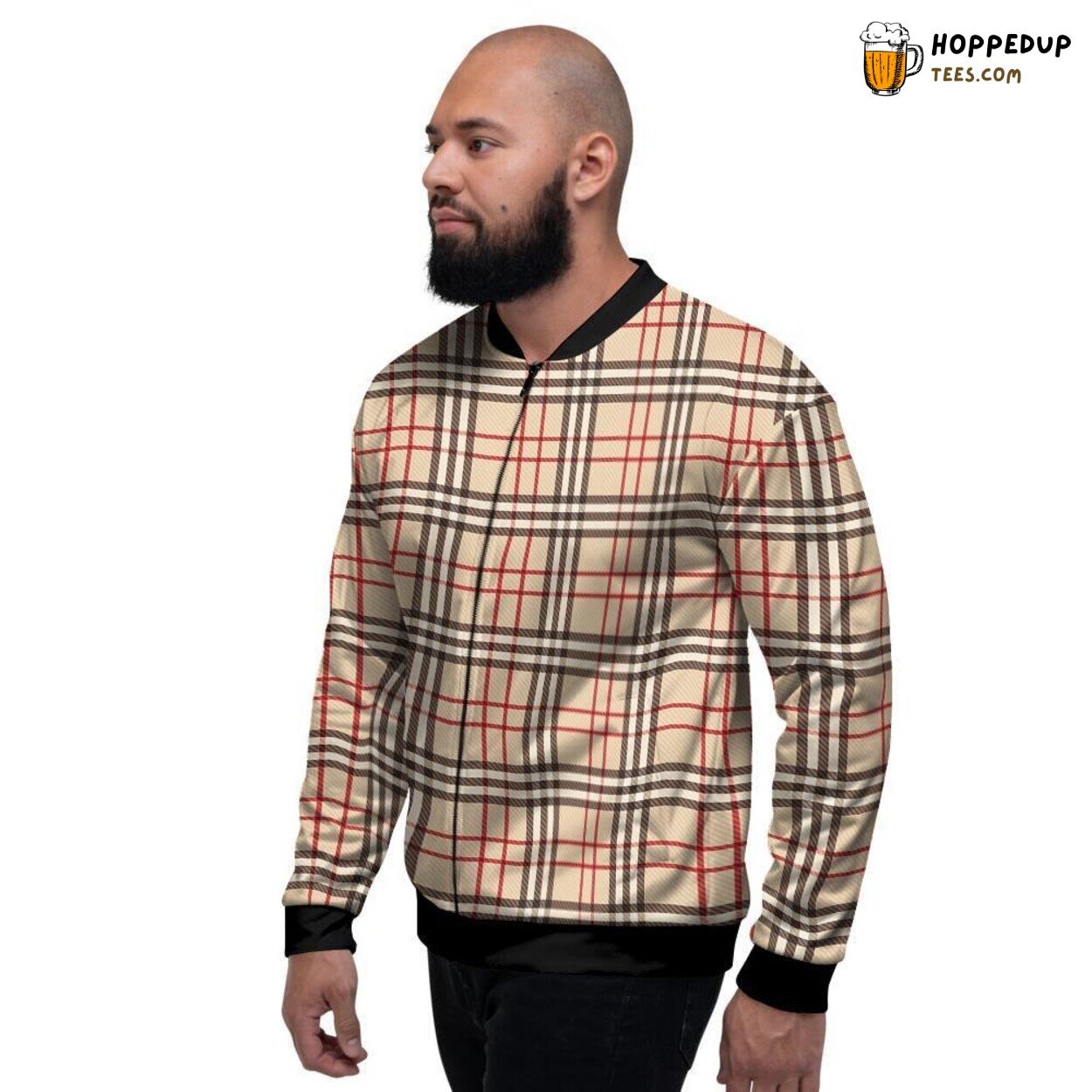 Beige Classic Tartan Plaid Bomber Jacket Men’s Traditional Fashion Statement