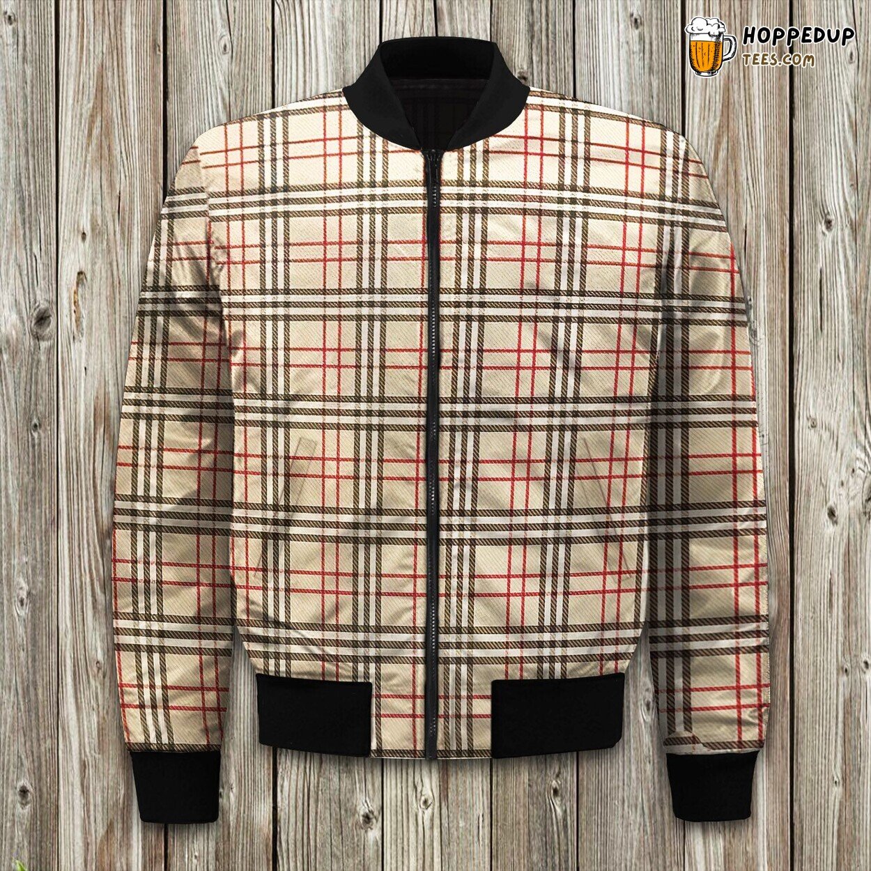 Beige Plaid Tartan Bomber Jacket