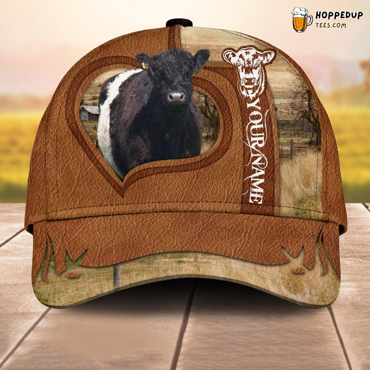 Belted Galloway Heart Custom Baseball Cap Farm Lovers 3D Animal Print Leather