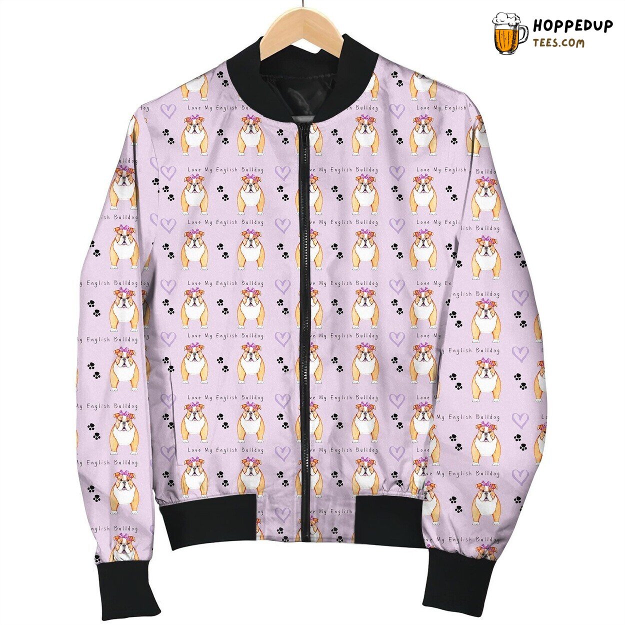 Big Cute Bull Dog Wearing Bow And Lovely Paws On Pink Background Bomber Jacket