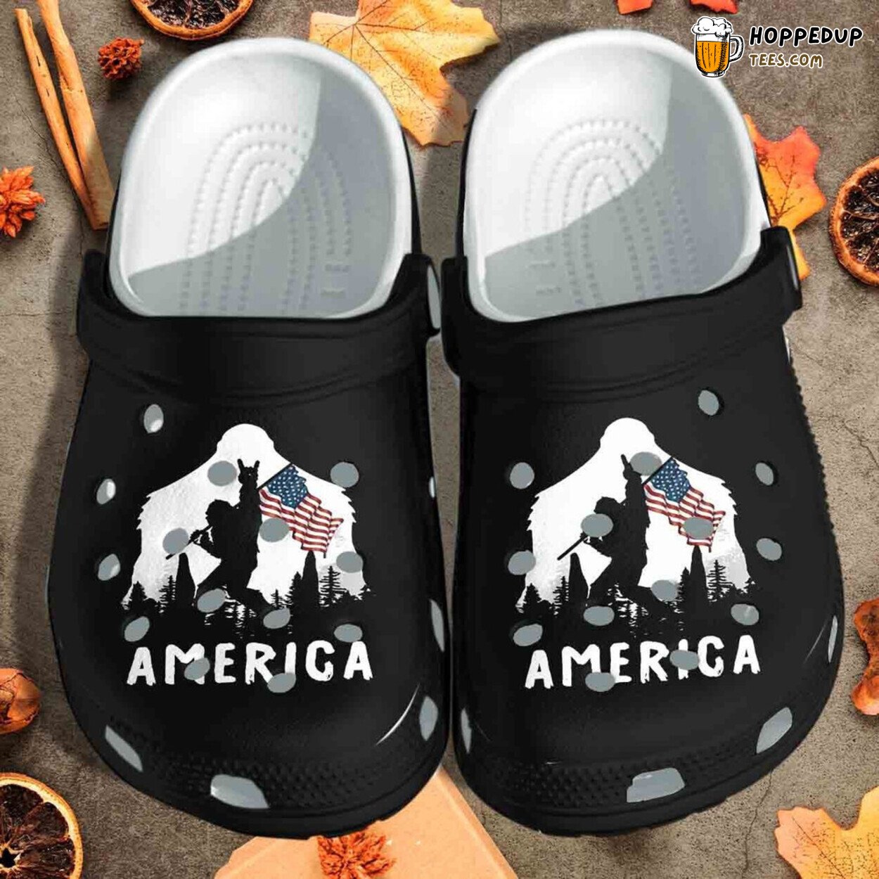 Bigfoot Holding Flag Themed Rubber Clog Shoes Comfy Footwear for Myth Fans