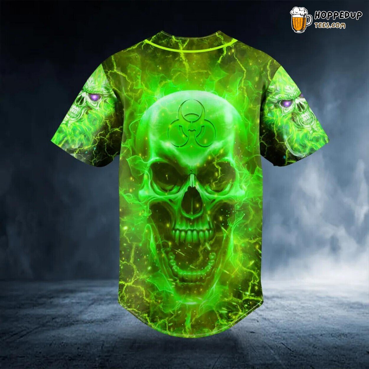 Biohazard Green Fire Skull Baseball Jersey Viking 3D Tees Unique Design Wear