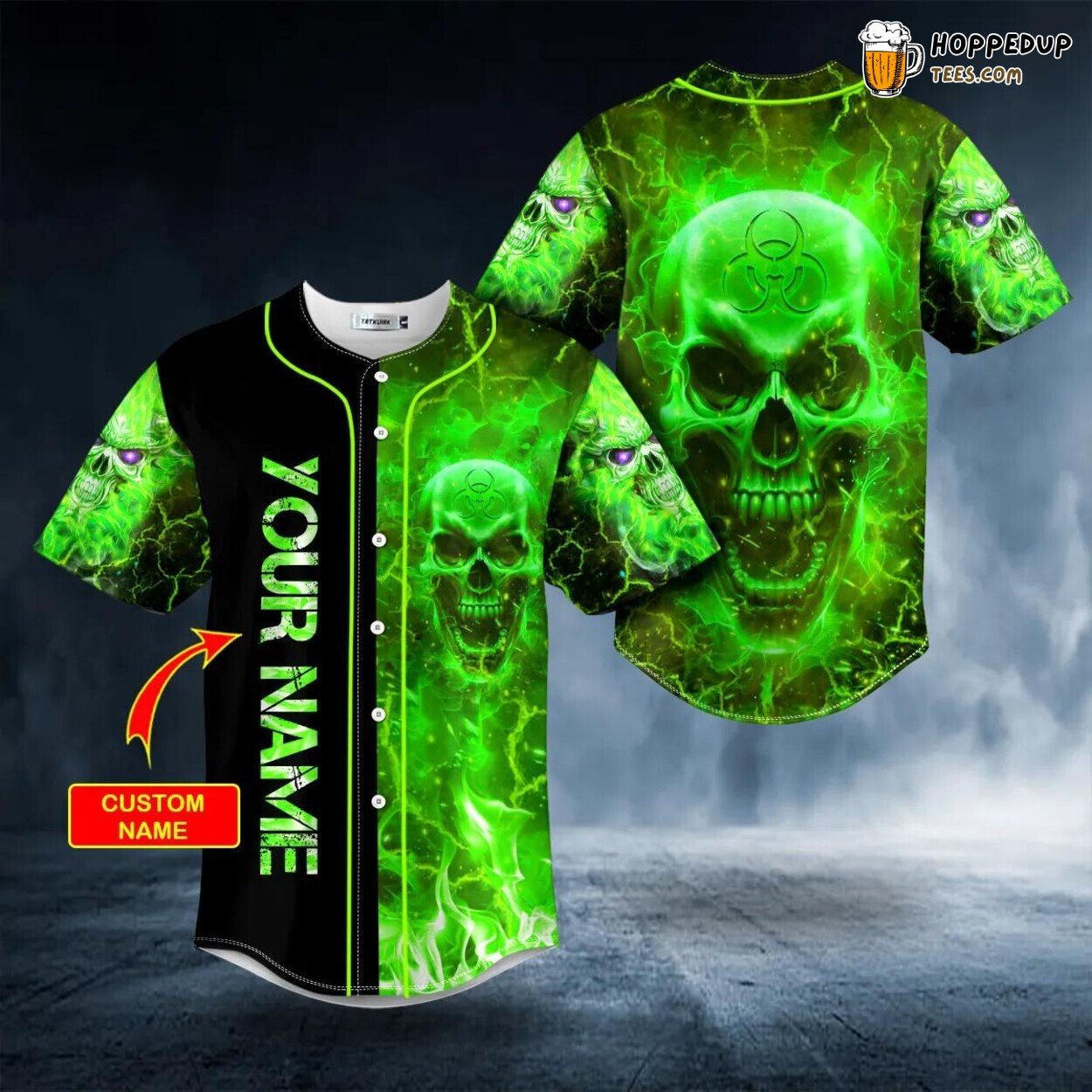 Biohazard Green Fire Skull Baseball Jersey Viking 3D Tees Unique Design Wear