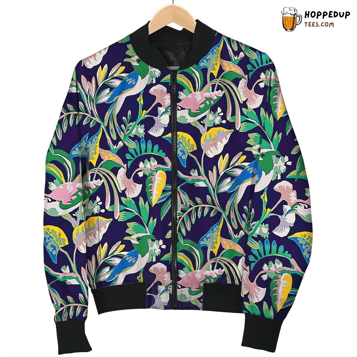Birds And Botanicals In Cool Jungle Green And Blue Bomber Jacket