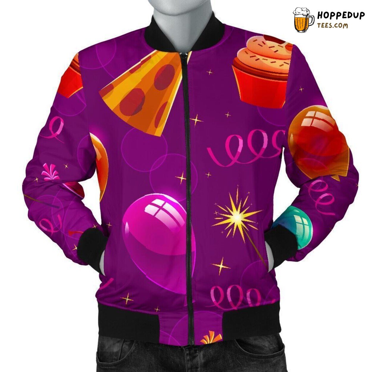 Birthday Celebration Symbols Men’s Bomber Jacket Unique Pattern Display