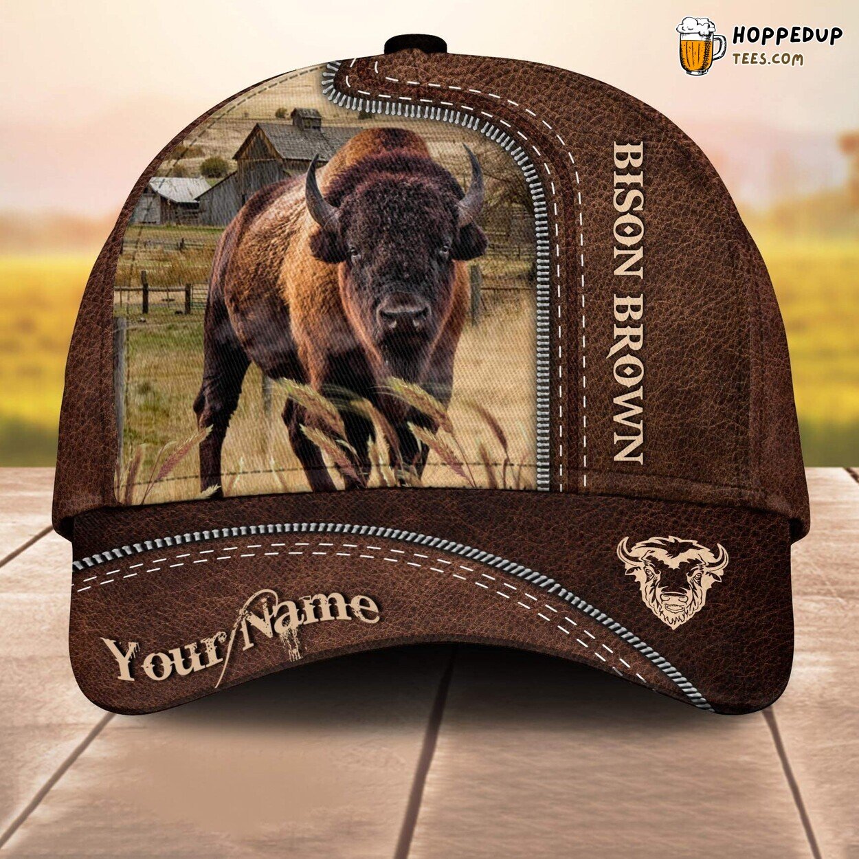 Bison Brown 3D Leather Pattern Custom Cap Baseball Animal Farm Lovers