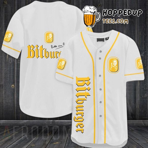 Bitburger Beer Inspired White Baseball Jersey Unique Distinctive Design Look
