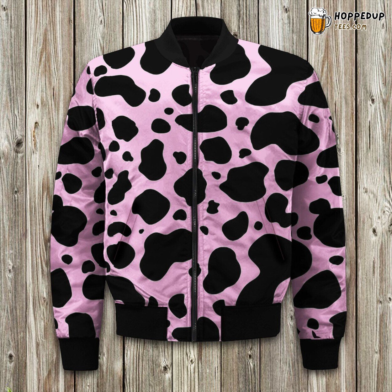 Black And Pink Cow Bomber Jacket