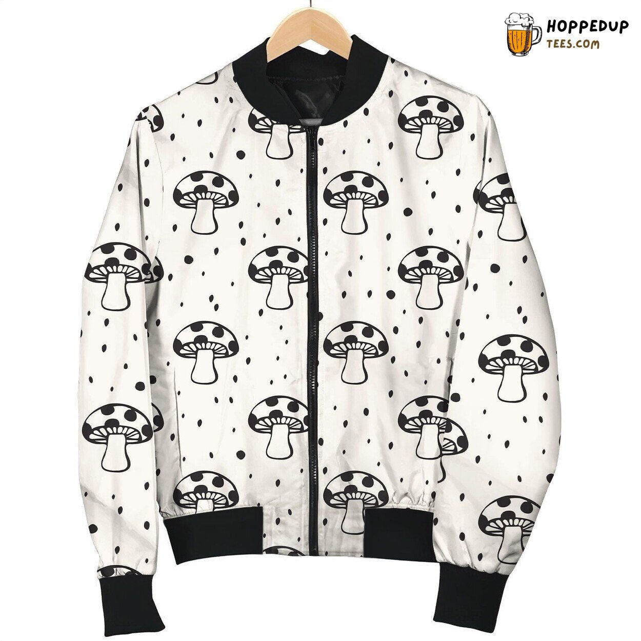 Black And White Drawing Mushroom Pattern Bomber Jacket