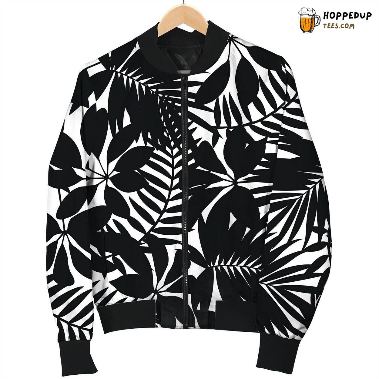 Black And White Tropical Leaves Seamless Pattern Bomber Jacket