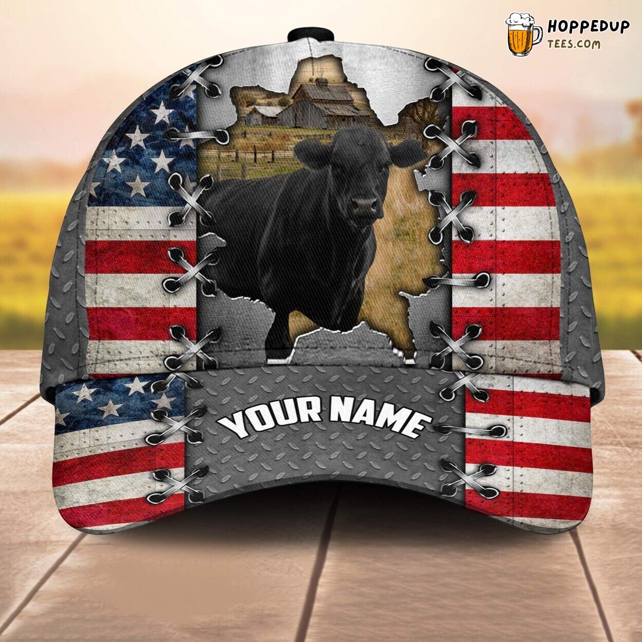 Black Angus 3D US Flag Leather Pattern Custom Cap Baseball Farm Lovers
